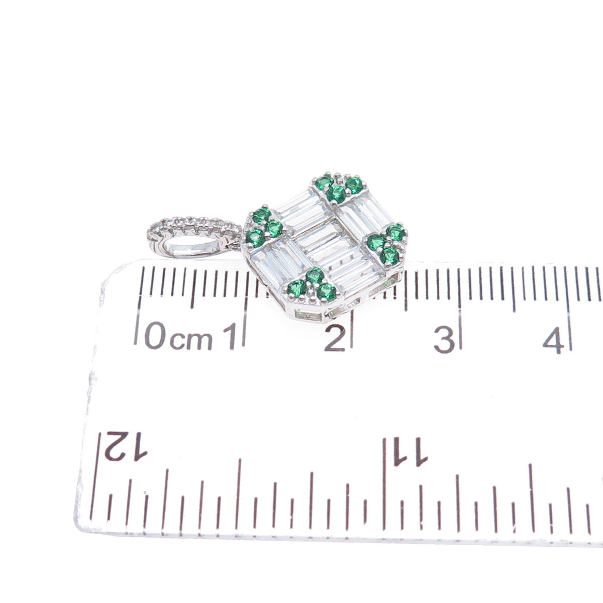 925 Sterling Silver Real Round-Cut Chrome Diopside & Baguette-Cut C Z Pendant