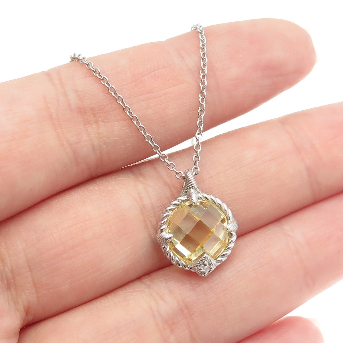 925 Sterling Silver Italy Real White Topaz & Citrine Gem Rolo Chain Necklace 18"