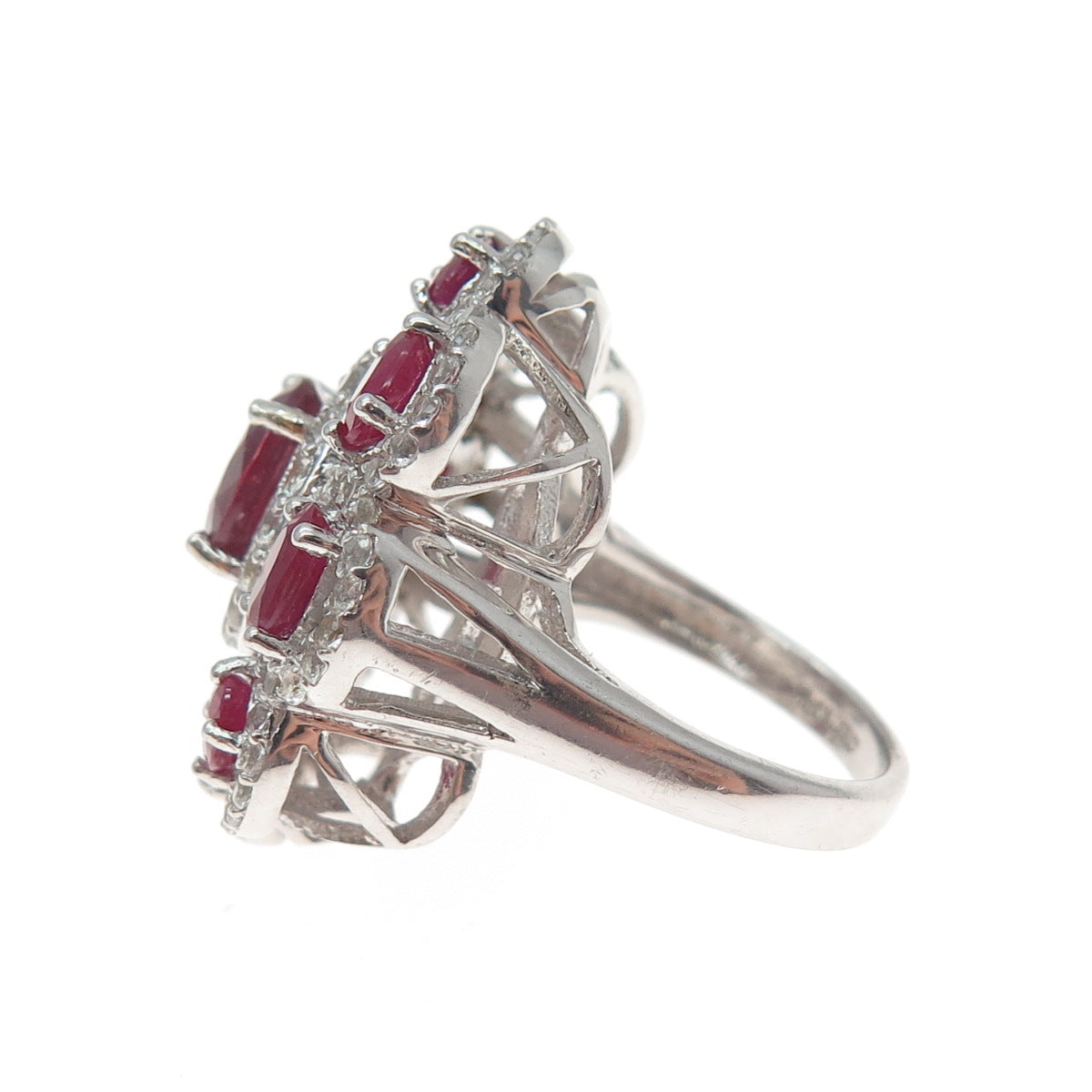925 Sterling Silver Real Oval-Cut Ruby & Round-Cut White Topaz Ring Size 5.25