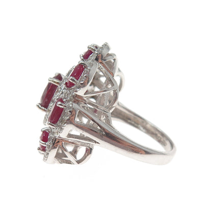 925 Sterling Silver Real Oval-Cut Ruby & Round-Cut White Topaz Ring Size 5.25