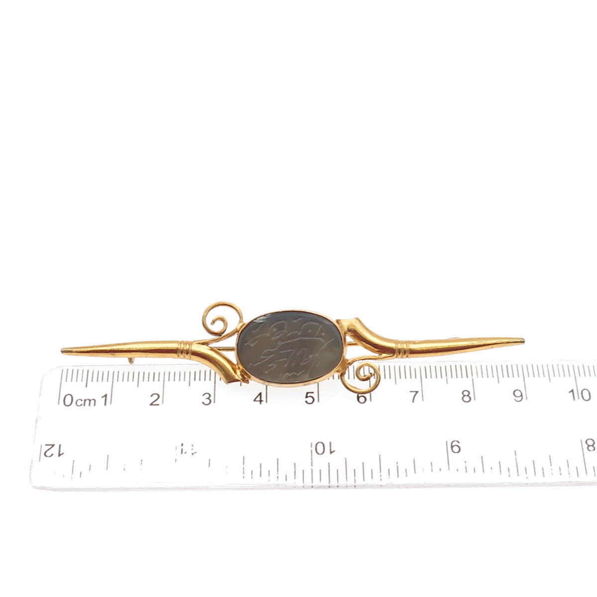 925 Sterling Silver Gold Plated Vintage Real Gray Agate Arabic Script Pin Brooch