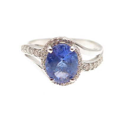 925 Sterling Silver Real Tanzanite & White Topaz Bypass Ring Size 8