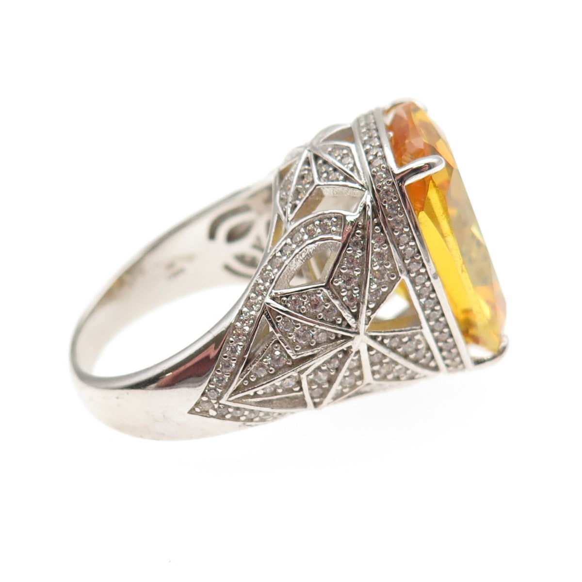925 Sterling Silver Radiant-Cut Canary & Round-Cut White C Z Ring Size 7.5