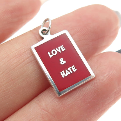 925 Sterling Silver Red Enamel "Love & Hate" Minimalist Charm Pendant