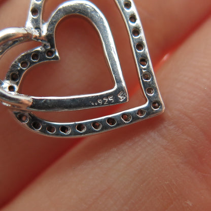 925 Sterling Silver Real Round-Cut Diamond Double Heart Mini Slide Charm Pendant