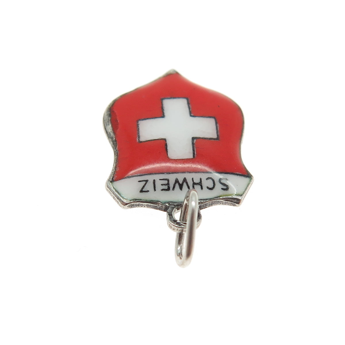 800 Silver Vintage Enamel Switzerland Flag Minimalist Charm Pendant