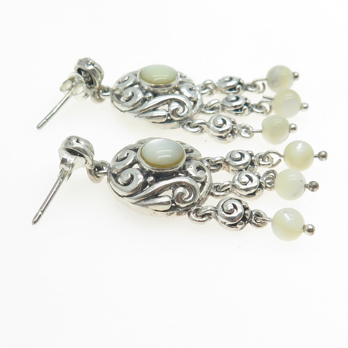 925 Sterling Silver Vintage Real Mother-of-Pearl Swirl Dangling Earrings