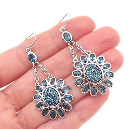 925 Sterling Silver Real London Blue Topaz & Druzy Dangle Earrings