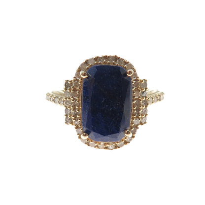 DSMK 925 Sterling Silver Gold Plated Real Diamond & Sapphire Ring Size 7.25