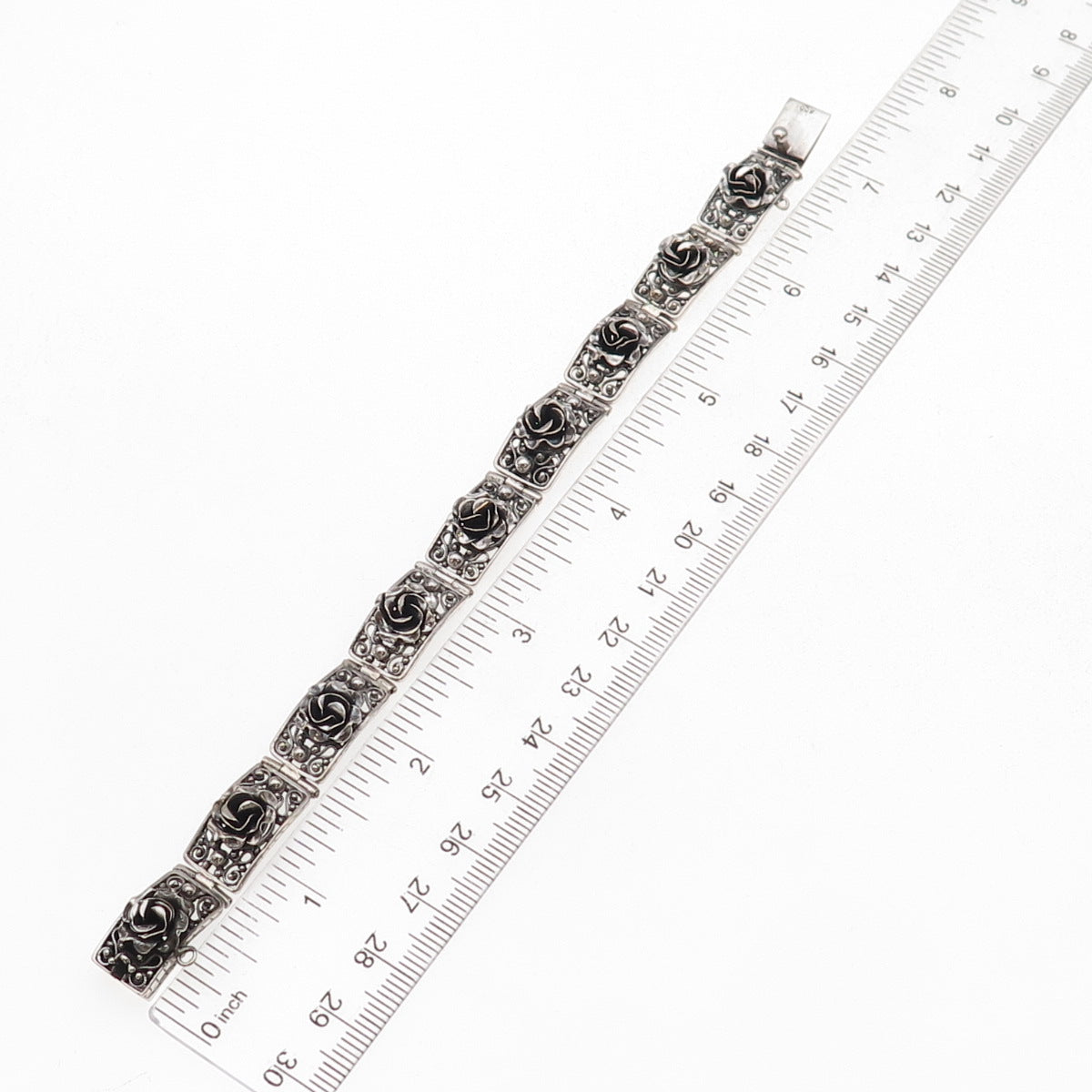 Peruzzi 800 Silver Antique Art Deco Italy Rose Floral Oxidized Bracelet 7"