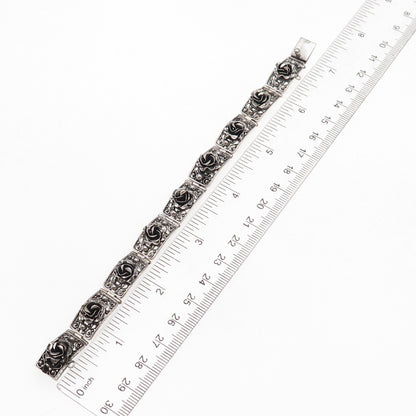 Peruzzi 800 Silver Antique Art Deco Italy Rose Floral Oxidized Bracelet 7"