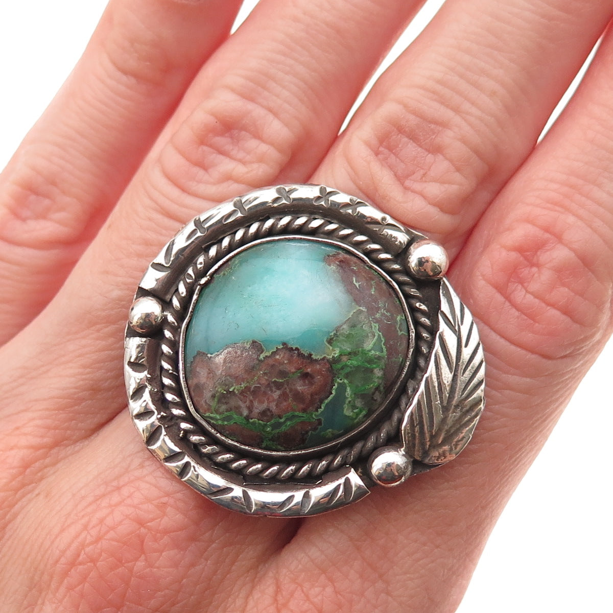 Old Pawn Sterling Silver Vintage Southwestern Turquoise Feather Ring Size 7.25