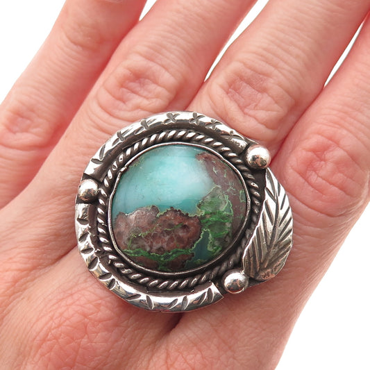 Old Pawn Sterling Silver Vintage Southwestern Turquoise Feather Ring Size 7.25