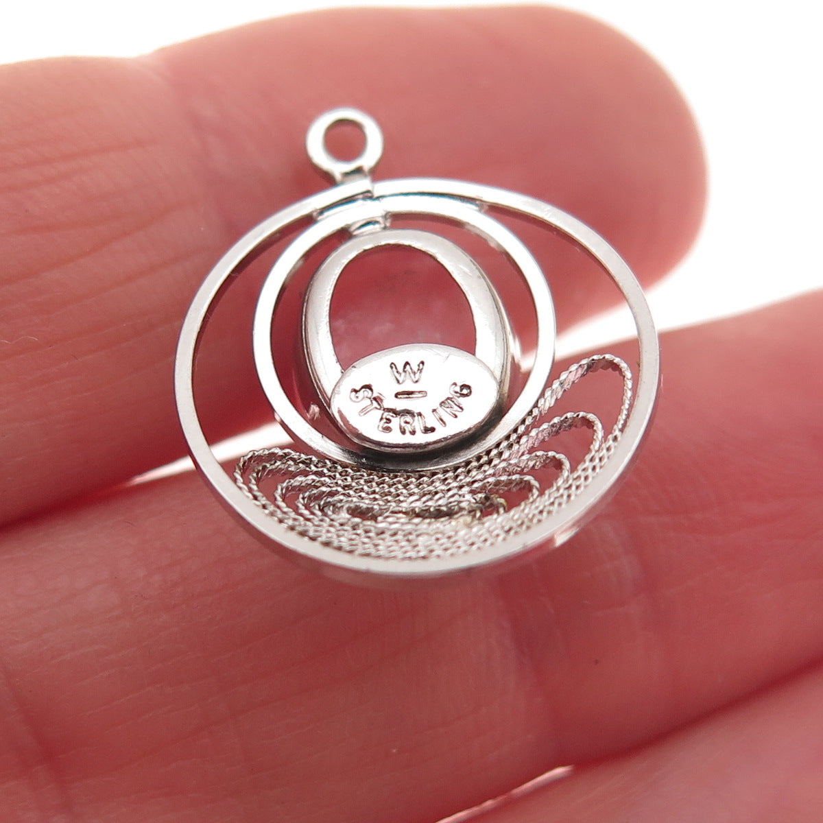 Wells Sterling Silver Antique Art Deco Real Rose Quartz Filigree Mini Pendant
