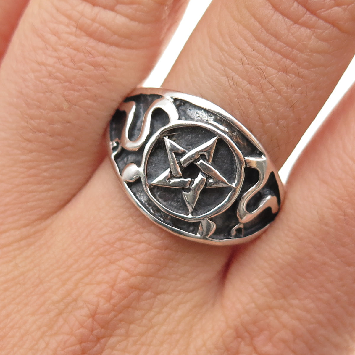 925 Sterling Silver Vintage Pentagram Oxidized Ring Size 12
