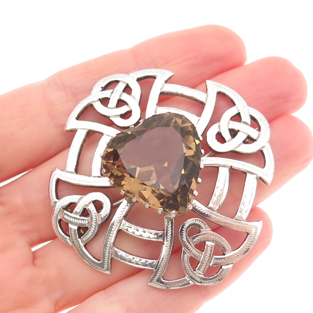 Thomas Kerr Ebbutt Silver Vintage 1966 Scotland Smoky Quartz Heart Cross Brooch