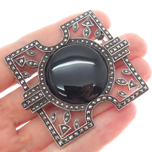 925 Sterling Silver Vintage Real Black Onyx Marcasite Art Deco Style Pin Brooch