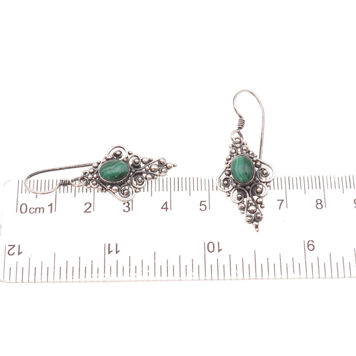 925 Sterling Silver Vintage Real Malachite Oxidized Beaded Dangle Earrings