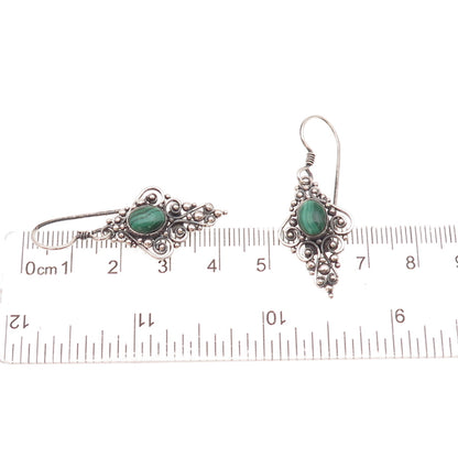 925 Sterling Silver Vintage Real Malachite Oxidized Beaded Dangle Earrings