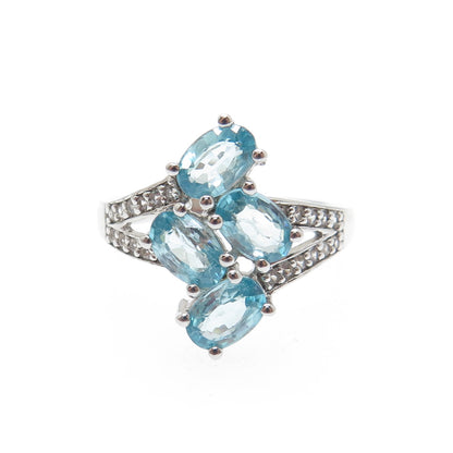 925 Sterling Silver Real Oval-Cut Blue & Round-Cut White Topaz Ring Size 6