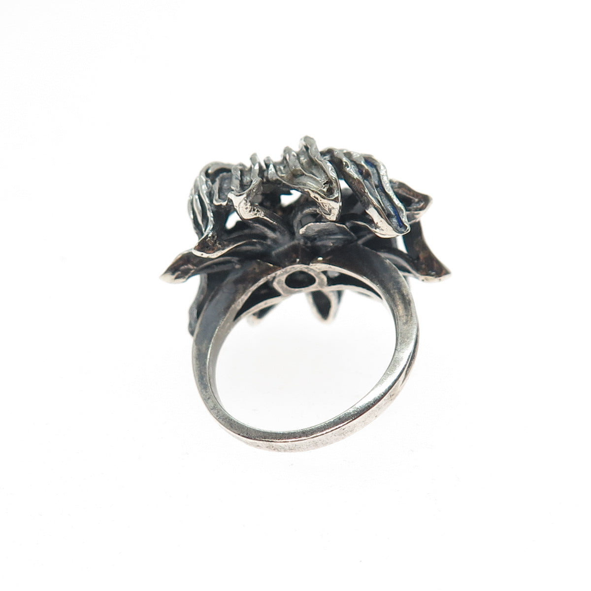 925 Sterling Silver Vintage Modernist Flower Oxidized Ring Size 6