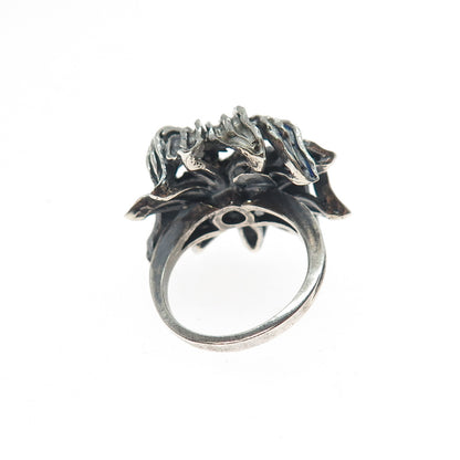 925 Sterling Silver Vintage Modernist Flower Oxidized Ring Size 6