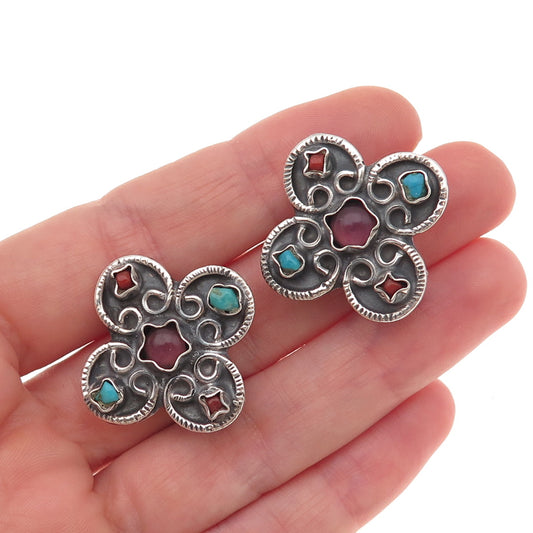 925 Sterling Vintage Mexico Real Turquoise Coral Amethyst Cross Clip On Earrings