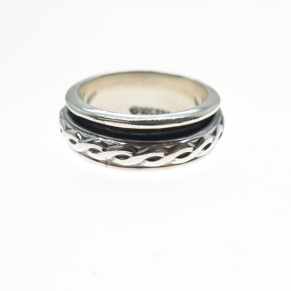925 Sterling Silver Vintage Mexico Braided Rotating Band Oxidized Ring Size 7.25