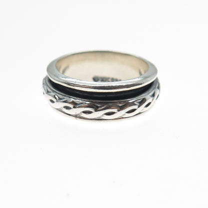 925 Sterling Silver Vintage Mexico Braided Rotating Band Oxidized Ring Size 7.25