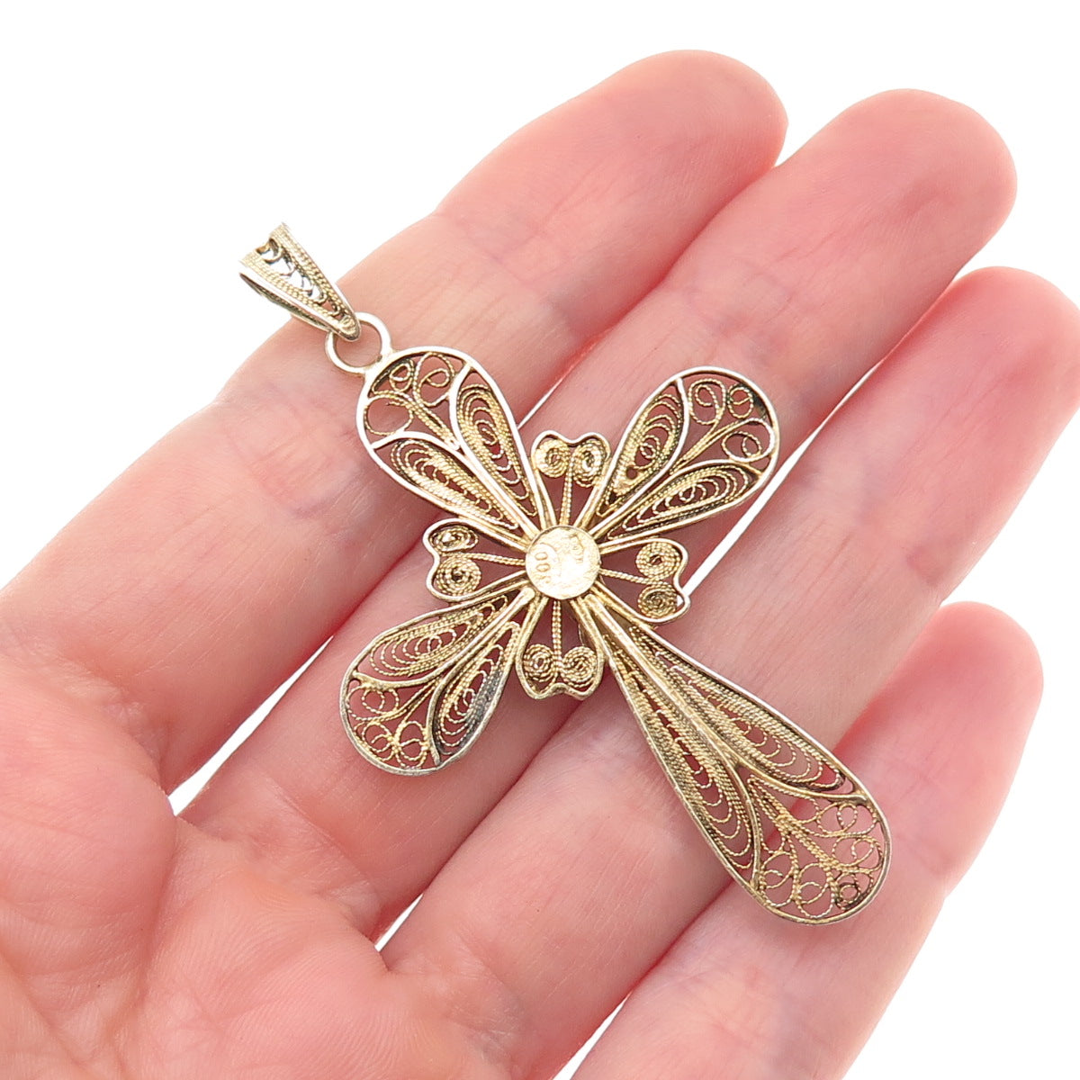 800 Silver 2-Tone Vintage Italy Crucifix Cross Filigree Charm Pendant