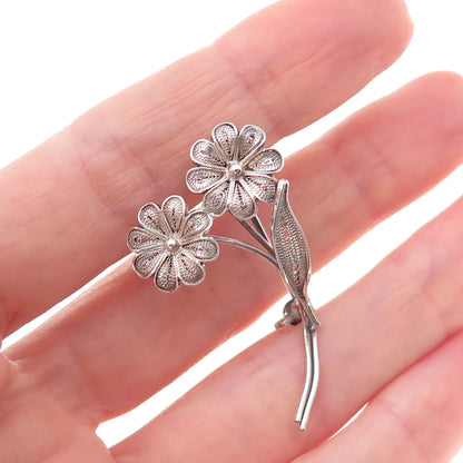 800 Silver Antique Art Deco Daisy Flower Filigree Oxidized Pin Brooch