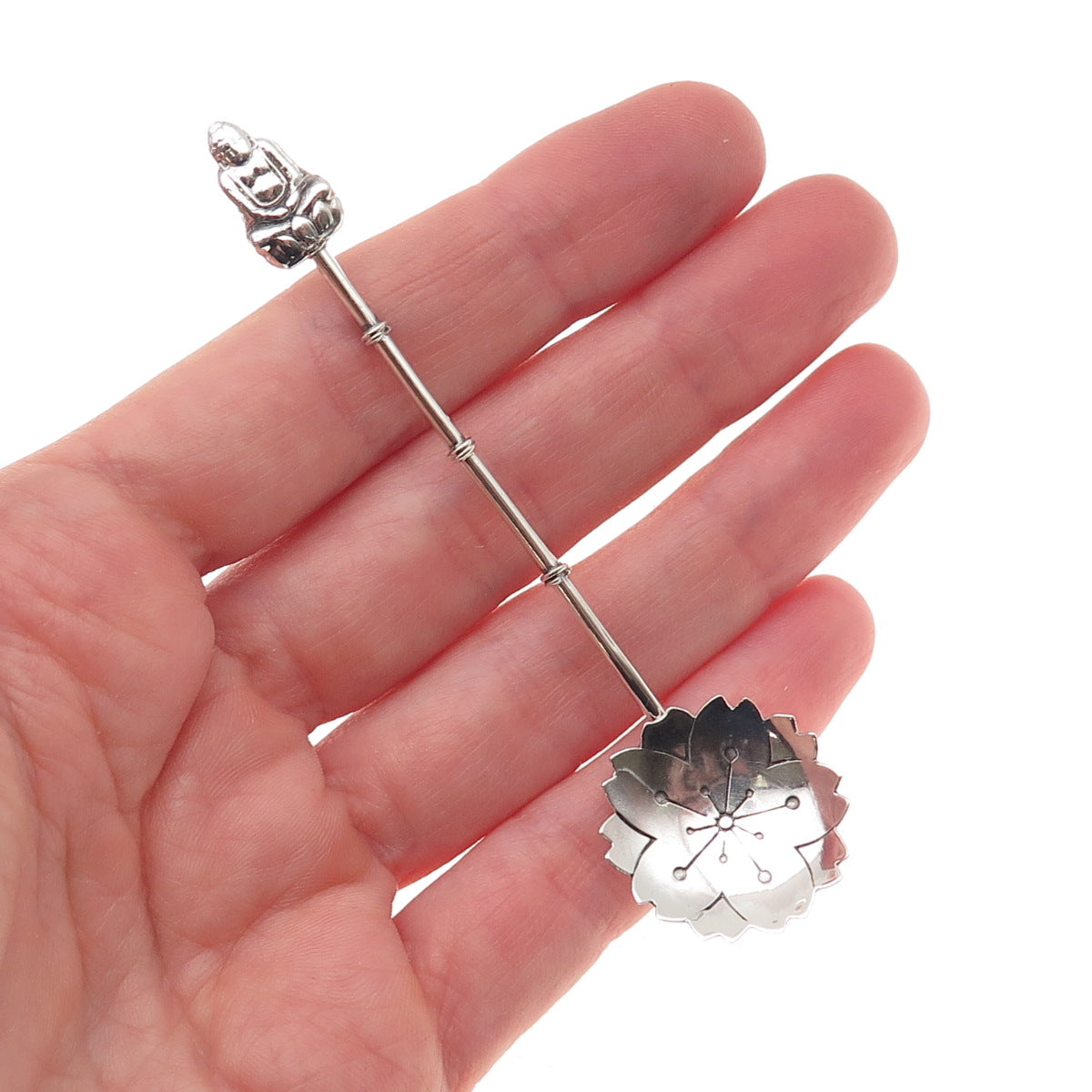 950 Silver Antique Japan Buddha Bamboo Coffee Spoon