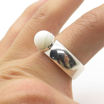 TC CROWN 925 Sterling Silver Vintage Netherlands Real White Agate Ring Size 9.25