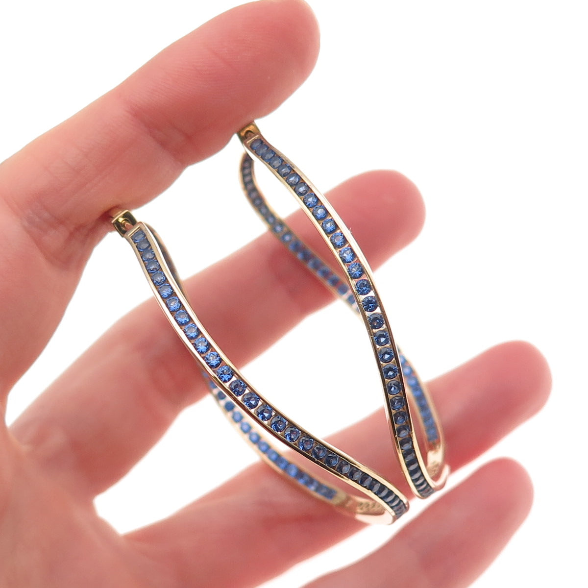 KLEO Sterling Silver Gold Plated Round-Cut Blue C Z Wavy In & Out Hoop Earrings