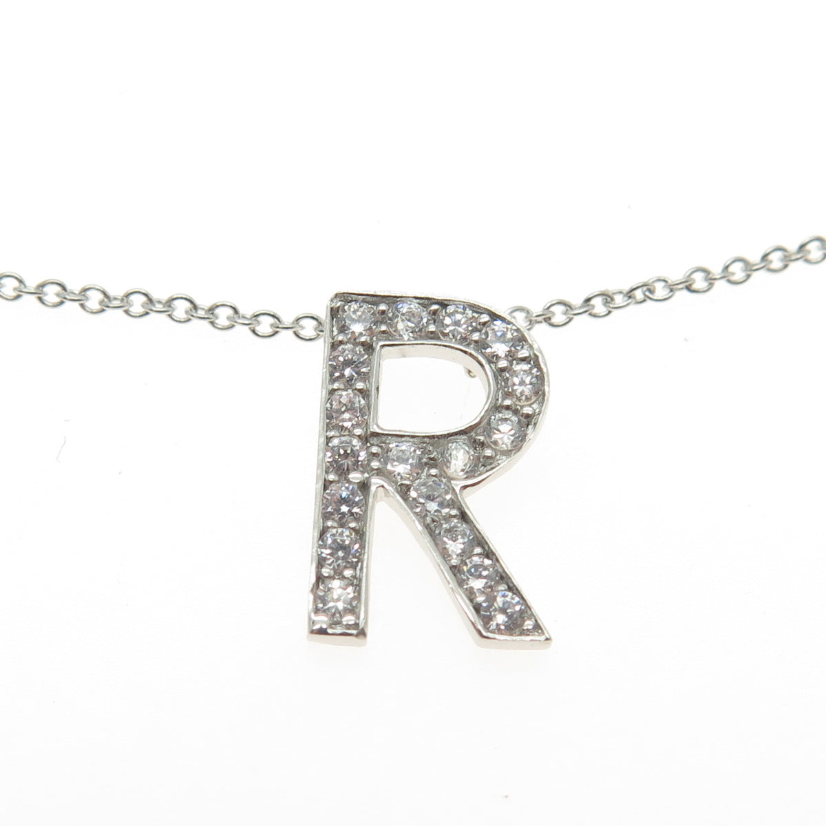 925 Sterling Silver Round-Cut C Z Letter "R" Initial Cable Chain Necklace 16-18"