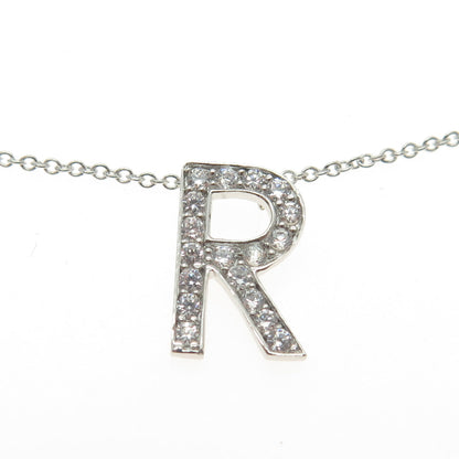 925 Sterling Silver Round-Cut C Z Letter "R" Initial Cable Chain Necklace 16-18"