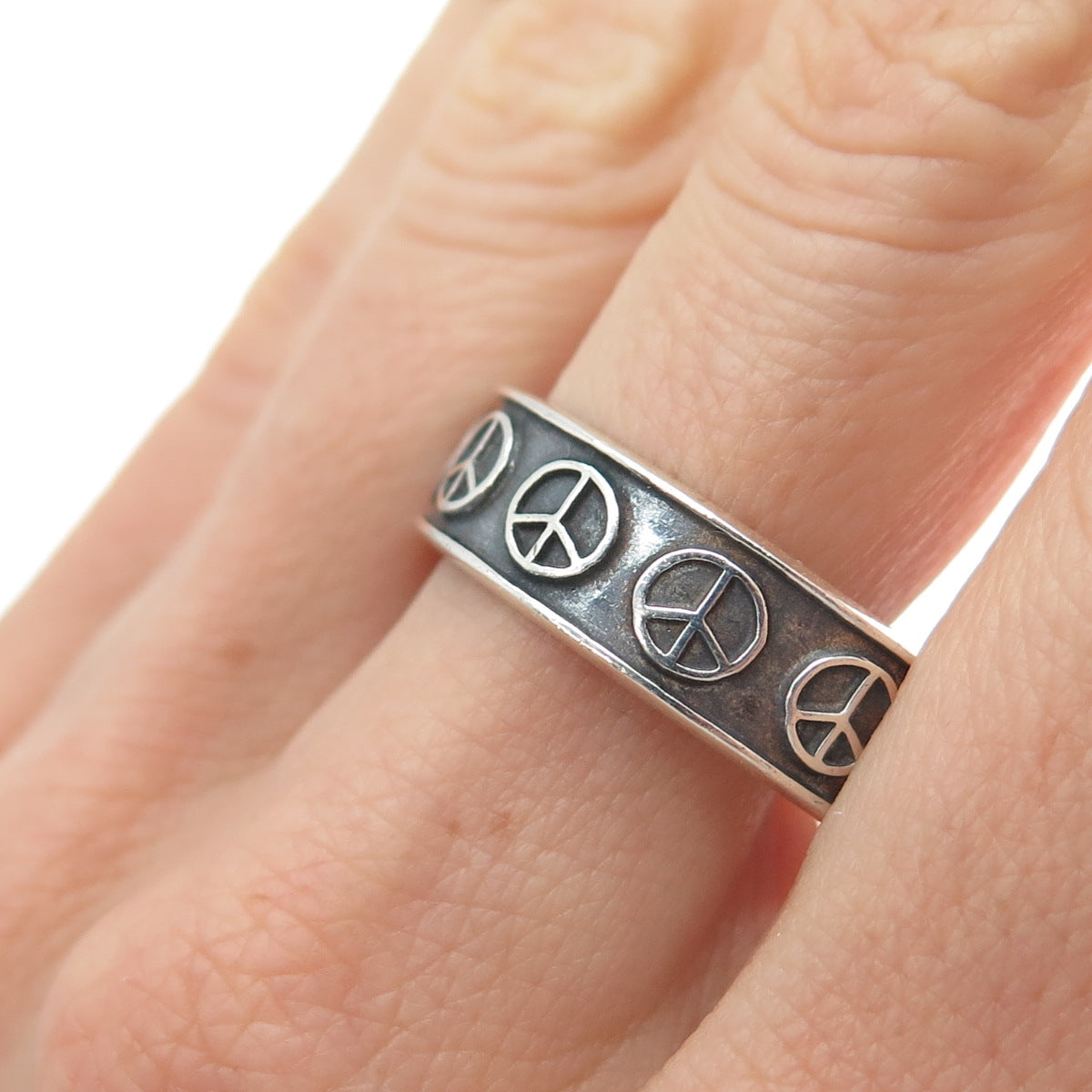 925 Sterling Silver Vintage Mexico Peace Symbol Oxidized Band Ring Size 12.25