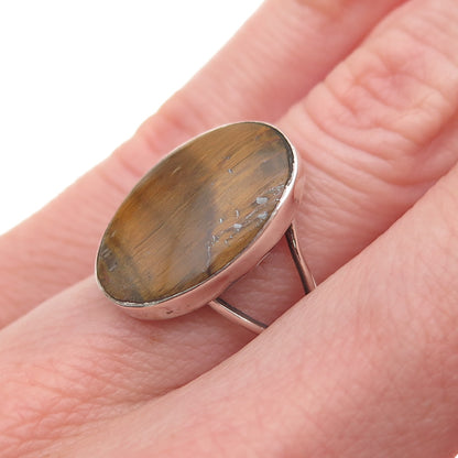 925 Sterling Silver Vintage Mexico Real Tiger Eye Oxidized Ring Size 6
