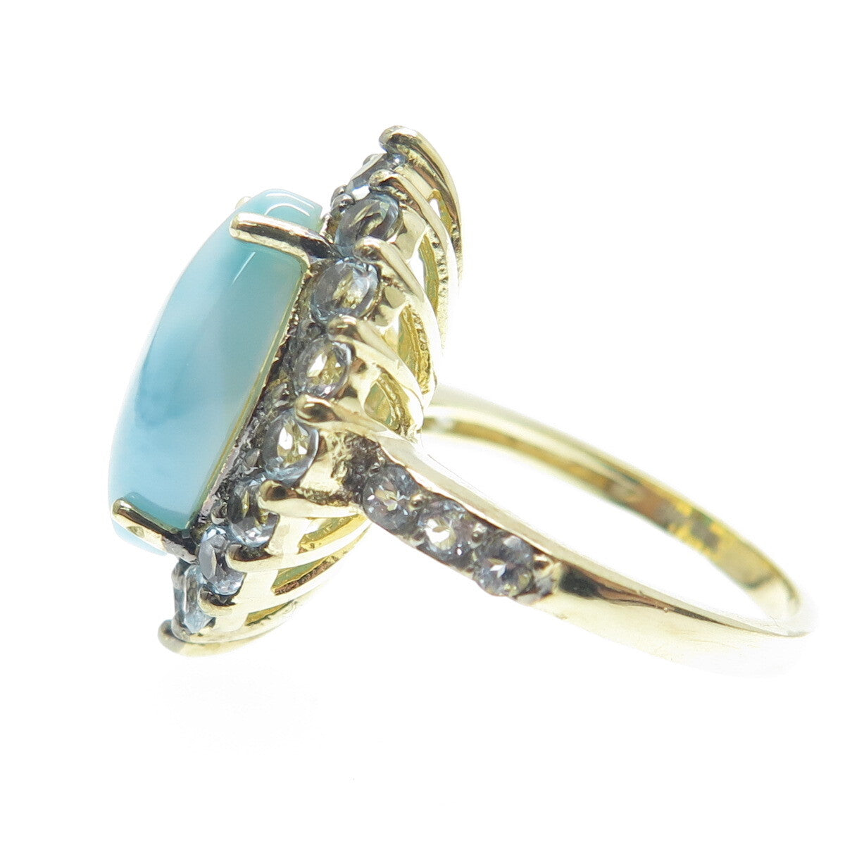 925 Sterling Silver Gold Plated Marquise-Cut Larimar Blue Topaz Gem Ring Size 5