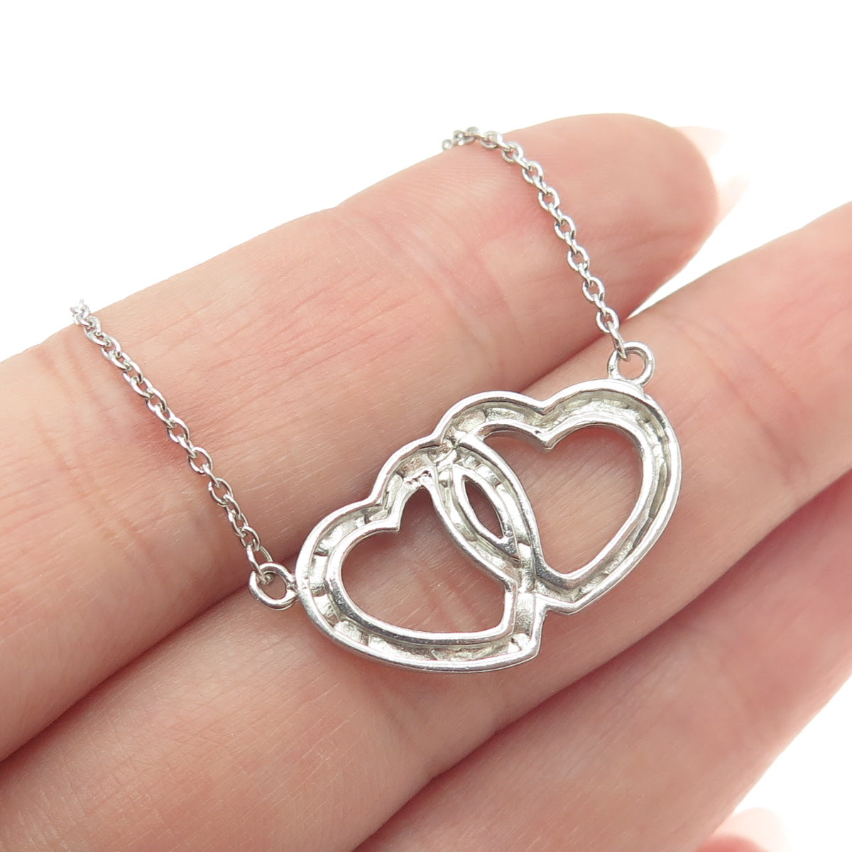 925 Sterling Silver Vintage Couple of Hearts Cable Chain Necklace 16"