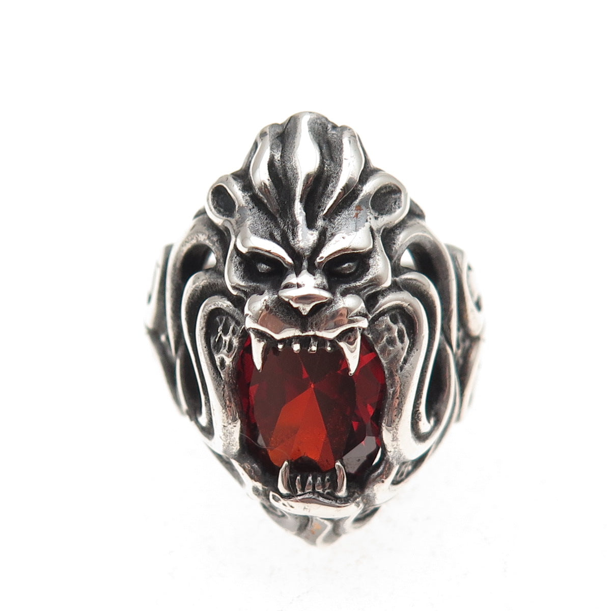 925 Sterling Silver Vintage Real Red Garnet Lion Oxidized Ring Size 9.75