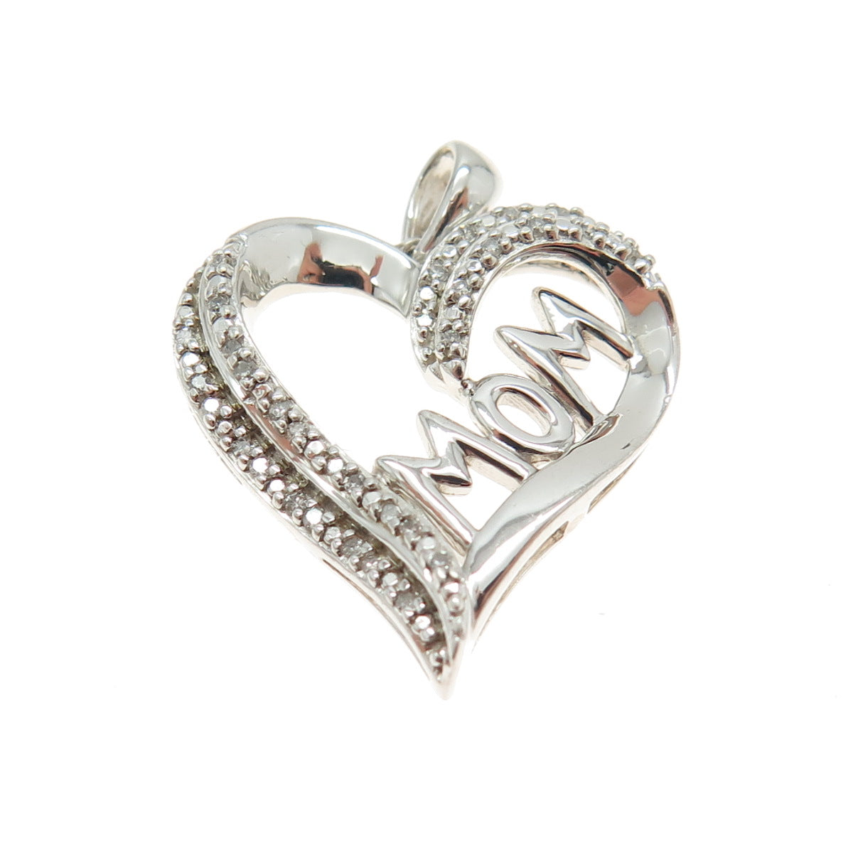 SUN 925 Sterling Silver Real Round-Cut Diamond "MOM" Heart Pendant