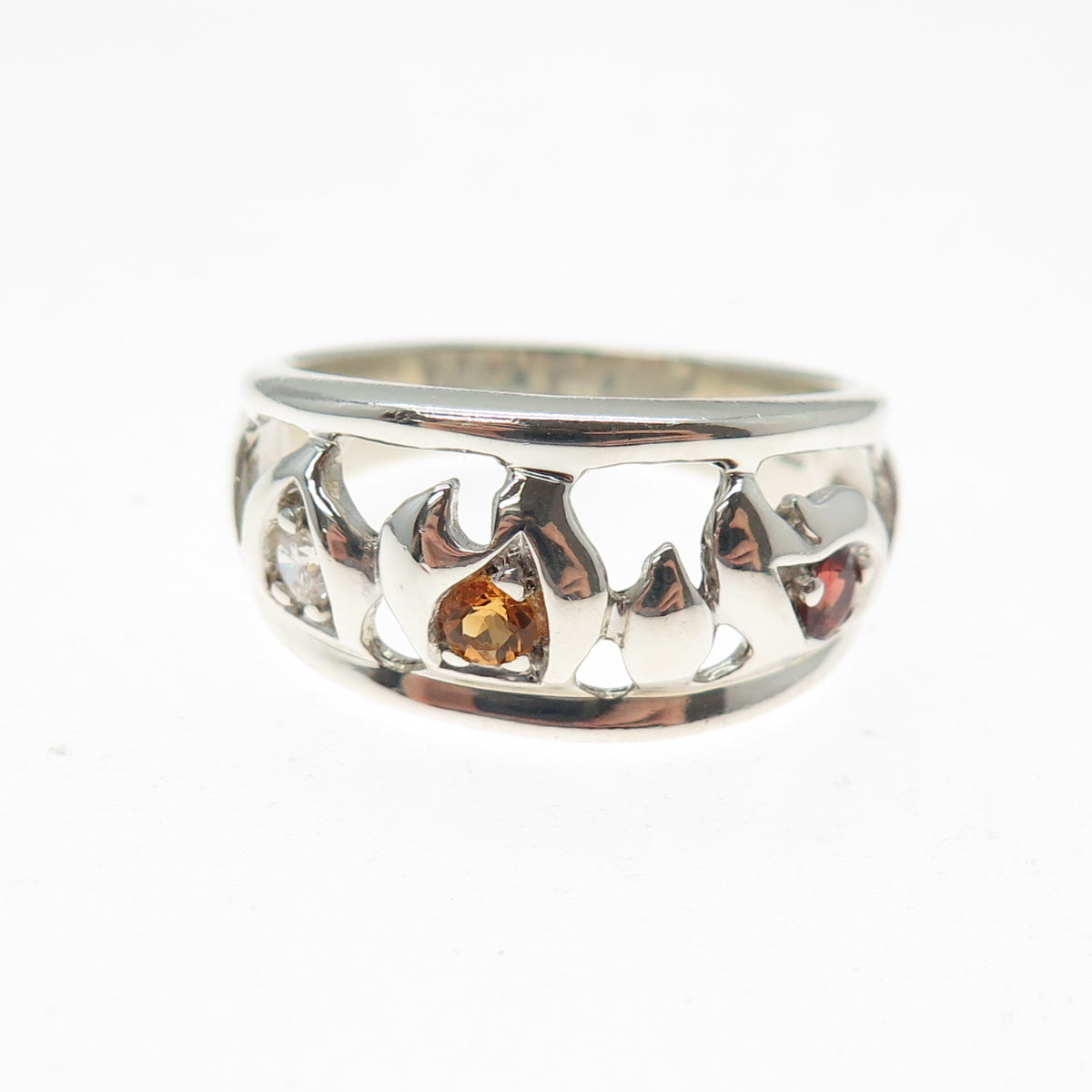 925 Sterling Silver Vintage Real Red Garnet Citrine & C Z Flame Ring Size 10.25
