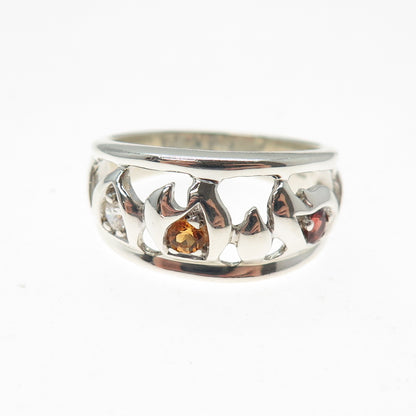 925 Sterling Silver Vintage Real Red Garnet Citrine & C Z Flame Ring Size 10.25