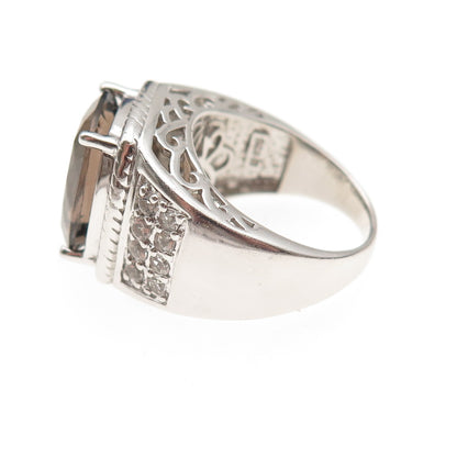 925 Sterling Silver Vintage Real Smoky Quartz & White Topaz Ring Size 7.25