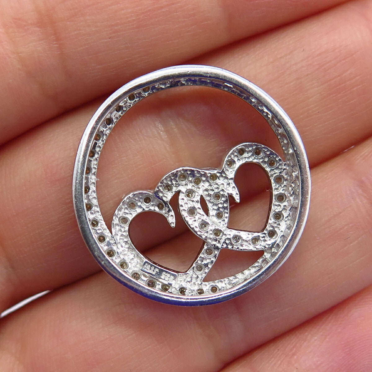 925 Sterling Silver Real White Diamond Double Heart Open Round Pendant