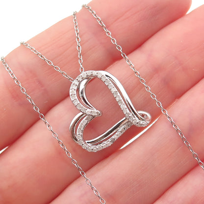 925 Sterling Silver Real Round-Cut Diamond Heart Cable Chain Necklace 18" w/ Box