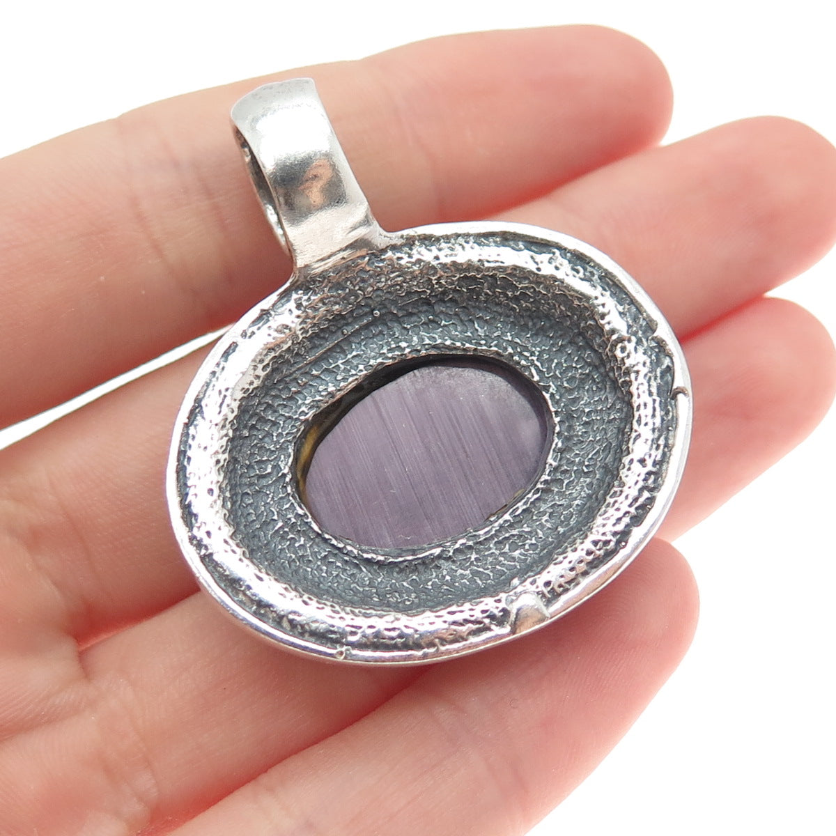 925 Sterling Silver Vintage Real Cabochon Purple Tiger Eye Sun Oxidized Pendant