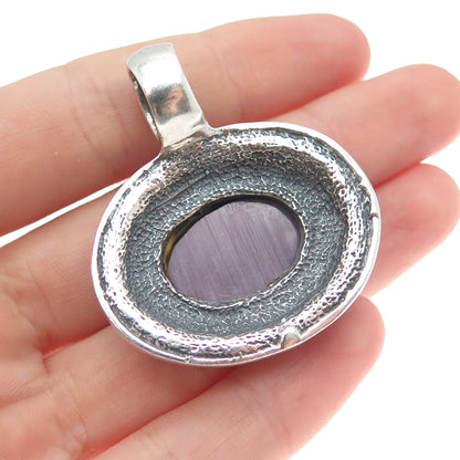 925 Sterling Silver Vintage Real Cabochon Purple Tiger Eye Sun Oxidized Pendant