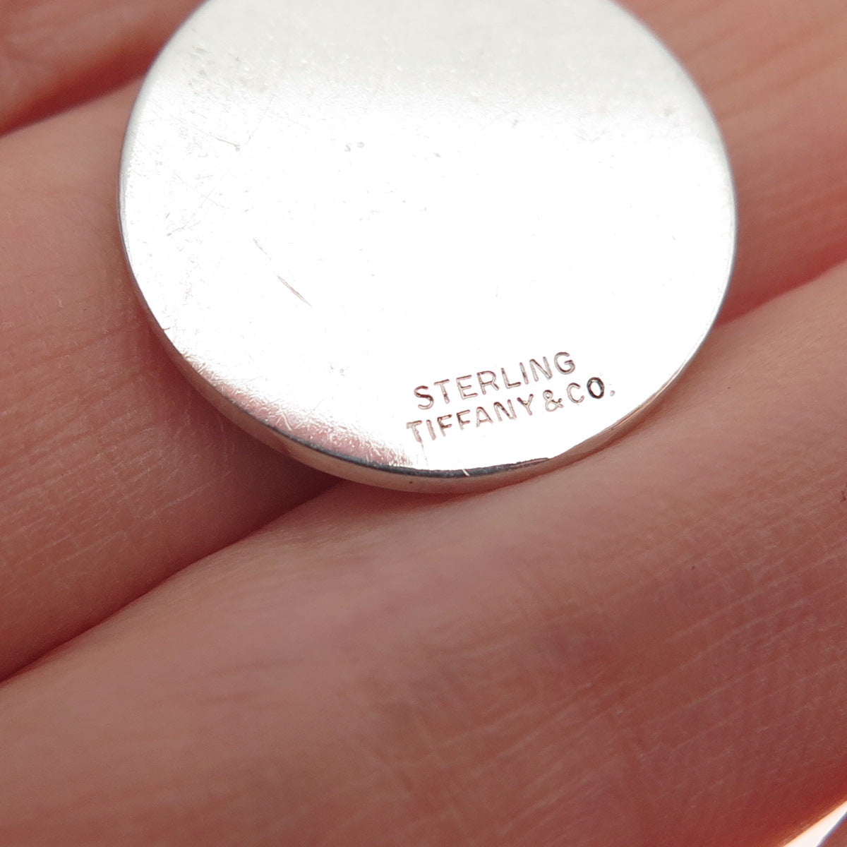 TIFFANY & CO. 925 Sterling Silver Vintage Engraved Round Tag Charm Pendant